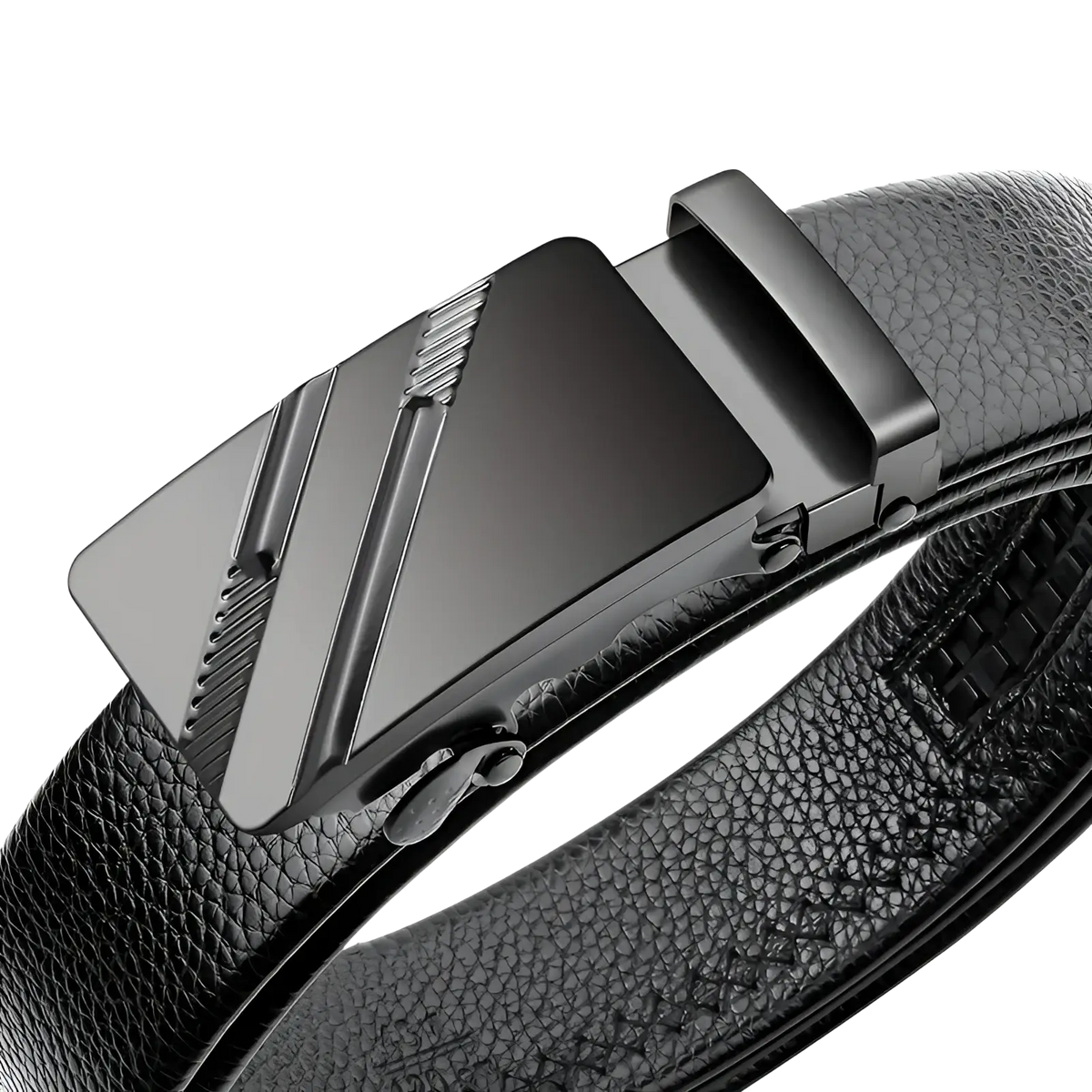 Men’s automatic buckle leather belt in black with a sleek matte-finished angular metal buckle and subtle texture