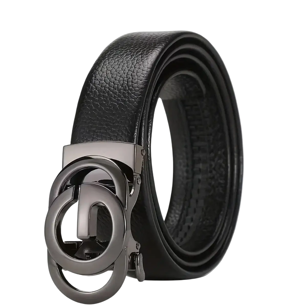 Mens automatic buckle leather belt in black leather with a sleek matte metal buckle featuring interlocking circles