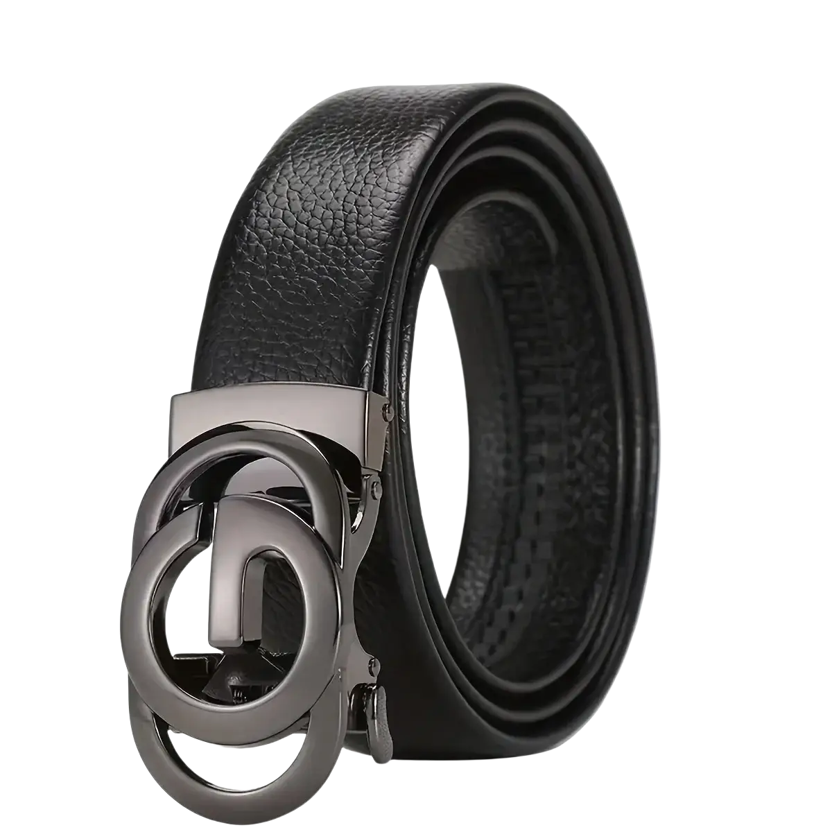 Mens automatic buckle leather belt in black leather with a sleek matte metal buckle featuring interlocking circles
