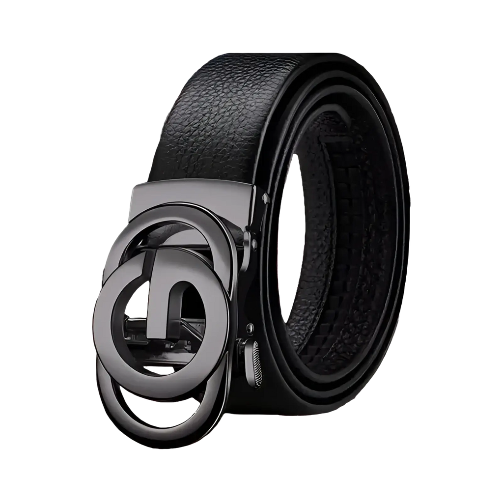 Mens automatic buckle leather belt with black leather strap and matte metal interlocking circular buckle design