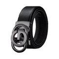 Mens automatic buckle leather belt with black leather strap and matte metal interlocking circular buckle design