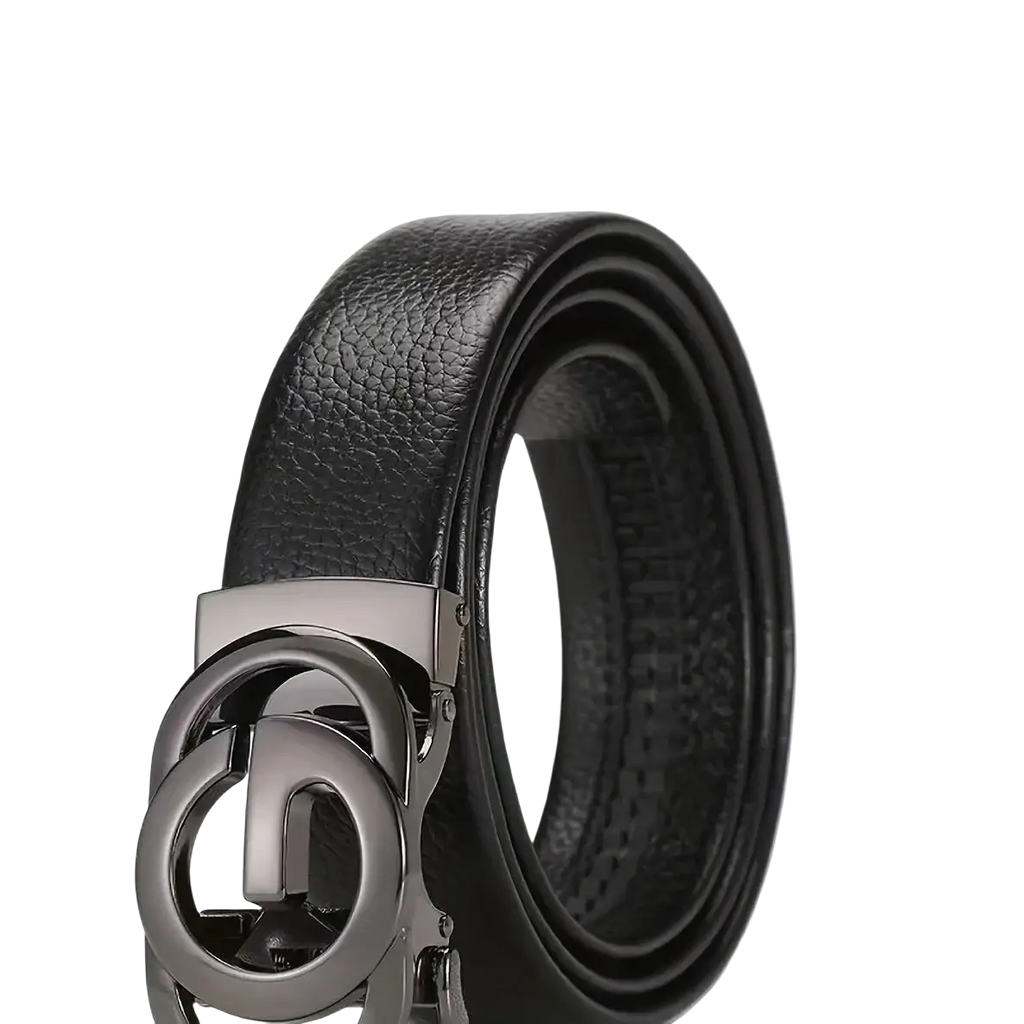 Mens automatic buckle leather belt in black with a sleek metallic silver-toned interlocking circular buckle