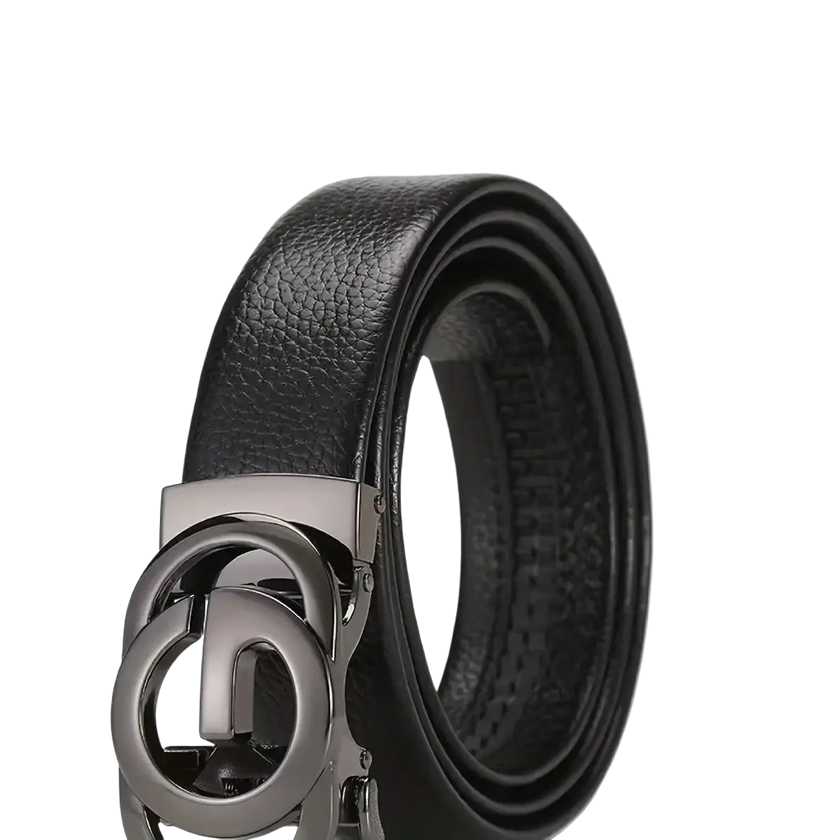 Mens automatic buckle leather belt in black with a sleek metallic silver-toned interlocking circular buckle