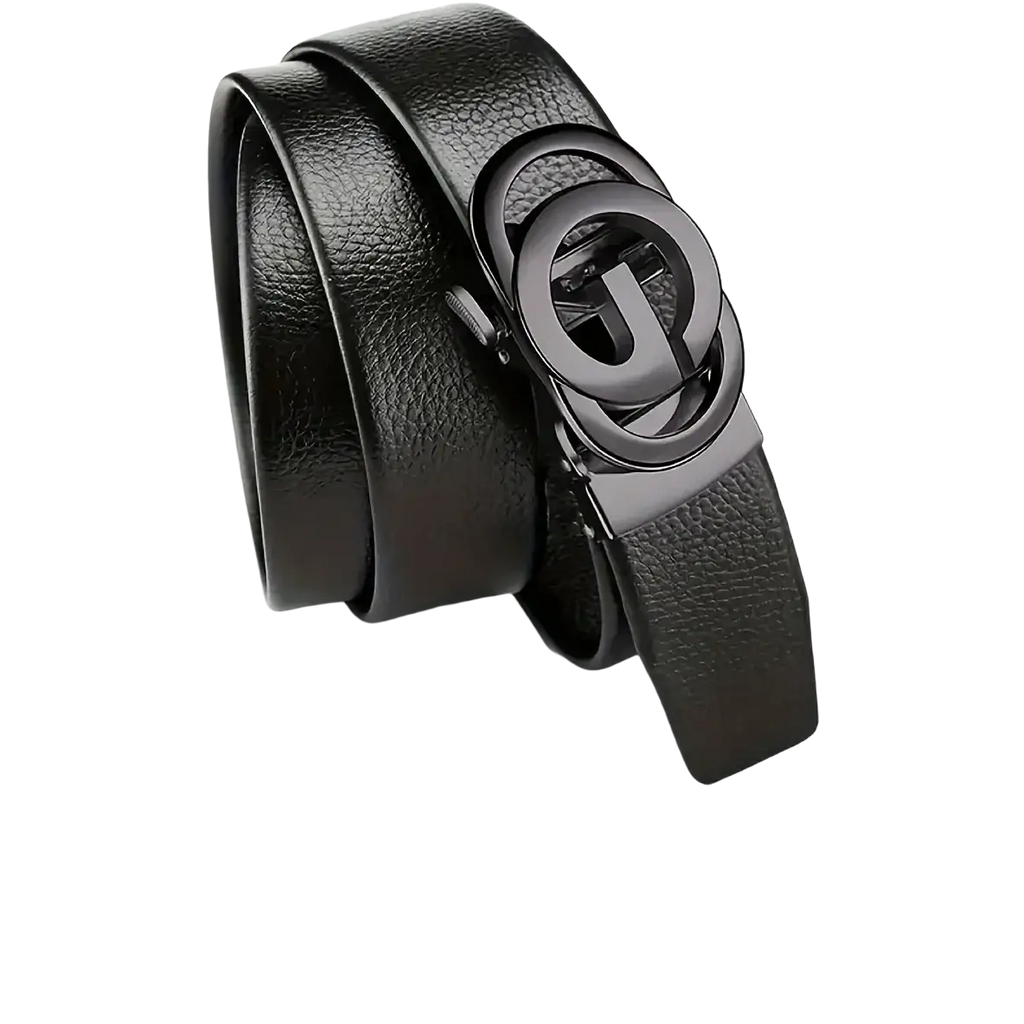 Mens automatic buckle leather belt in black with a sleek matte metal buckle featuring an interlocking g logo design