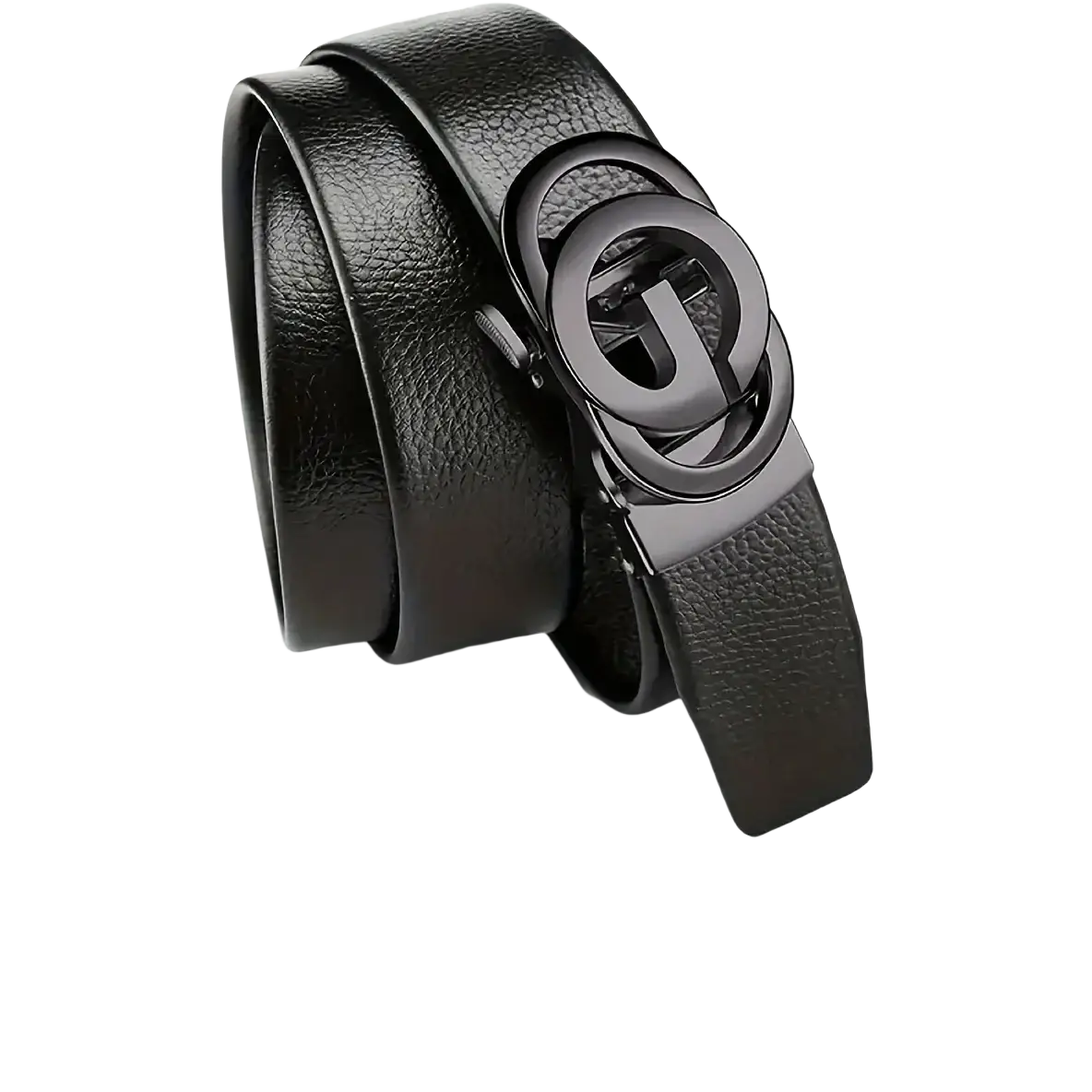 Mens automatic buckle leather belt in black with a sleek matte metal buckle featuring an interlocking g logo design