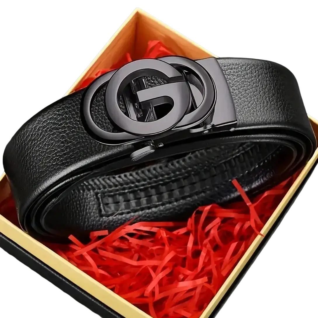 Mens automatic buckle leather belt in black with a sleek matte black metal buckle featuring interlocking g logo
