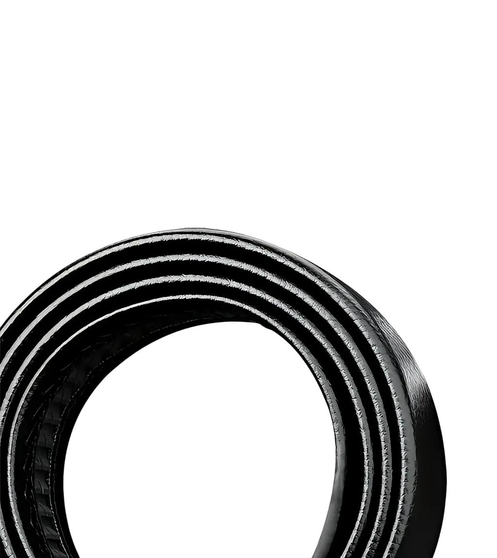 Men’s automatic buckle black leather belt with textured ribbed surface and subtle sheen for formal wear