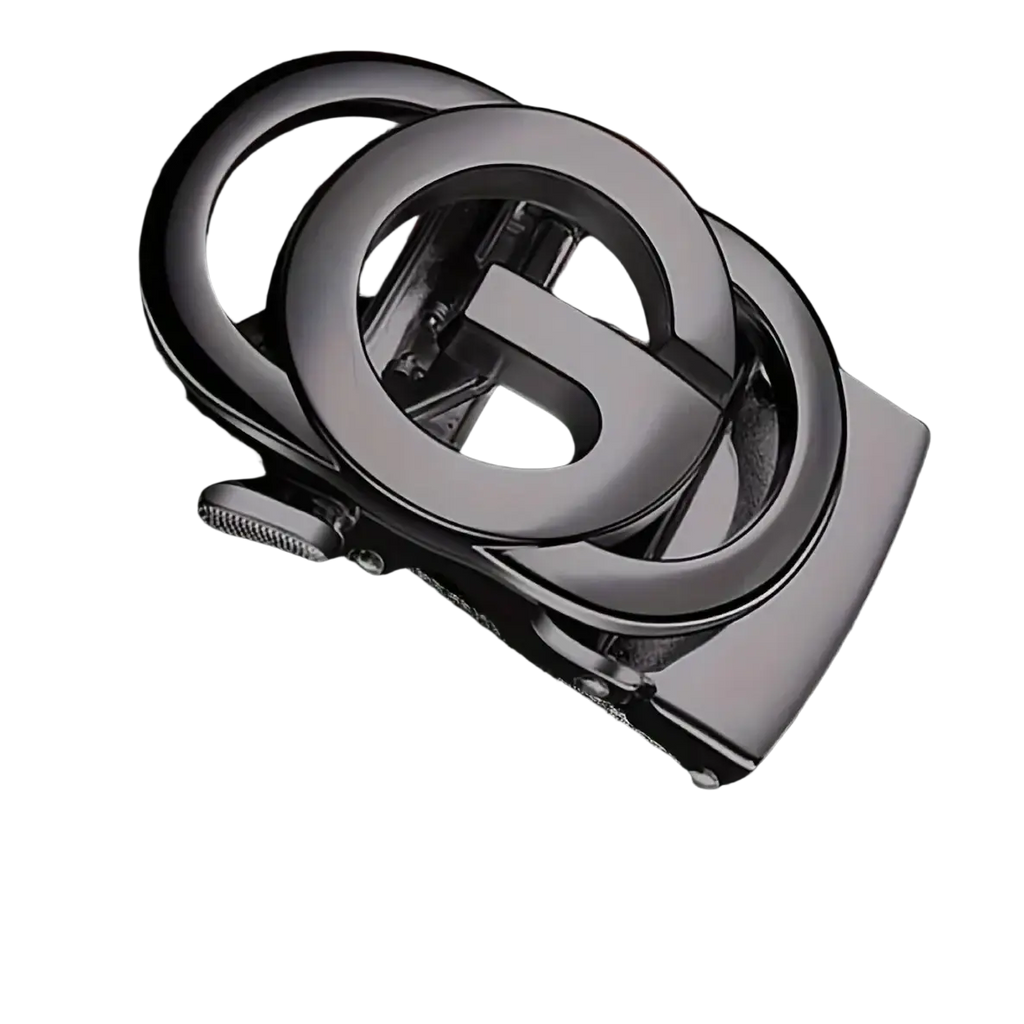 Mens automatic buckle leather belt in black with a sleek matte-finished metal buckle featuring interlocking double g design