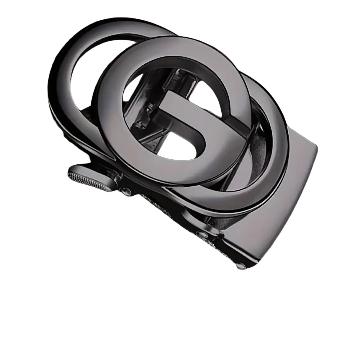 Mens automatic buckle leather belt in black with a sleek matte-finished metal buckle featuring interlocking double g design