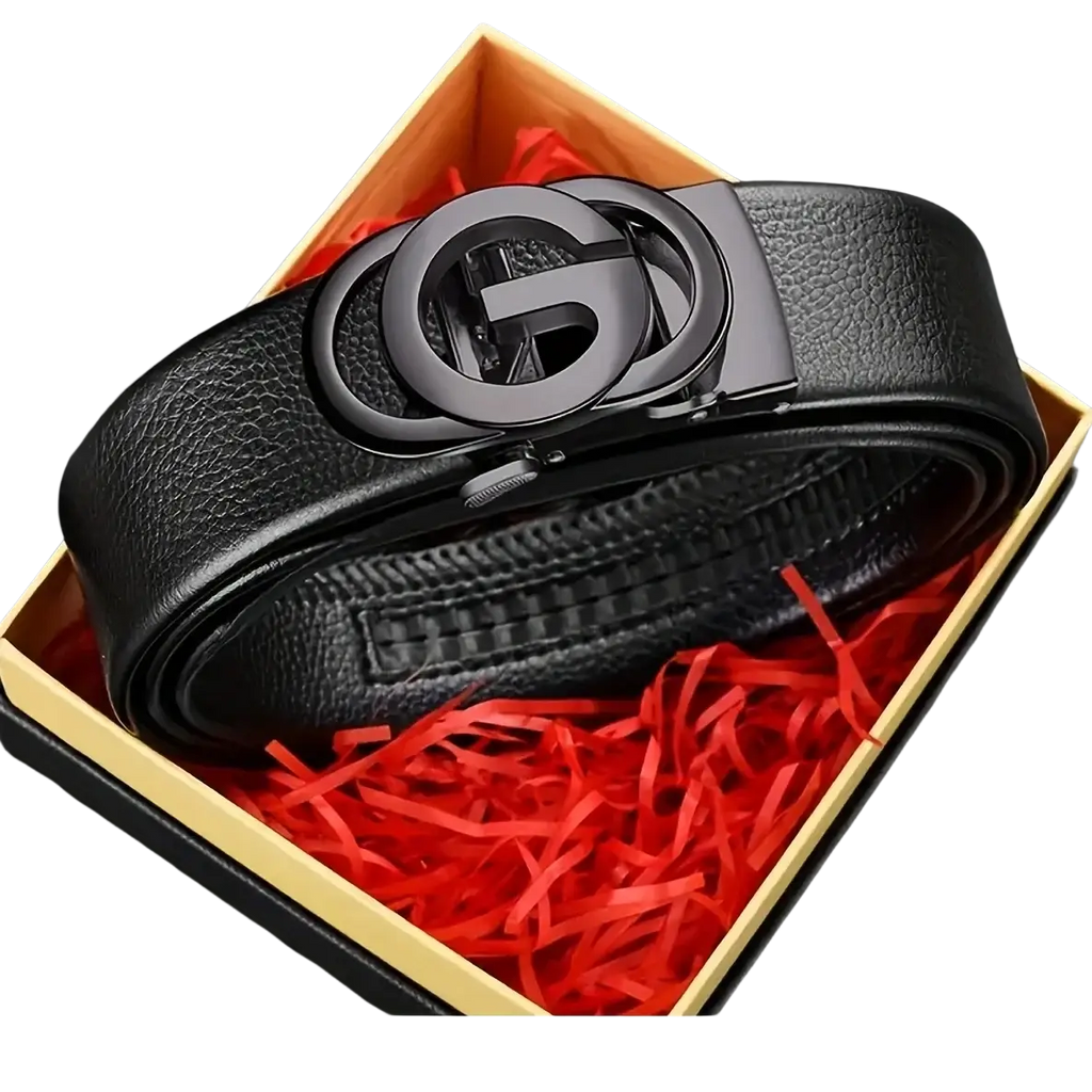 Mens automatic buckle leather belt in black with a sleek matte black metal interlocking g buckle design