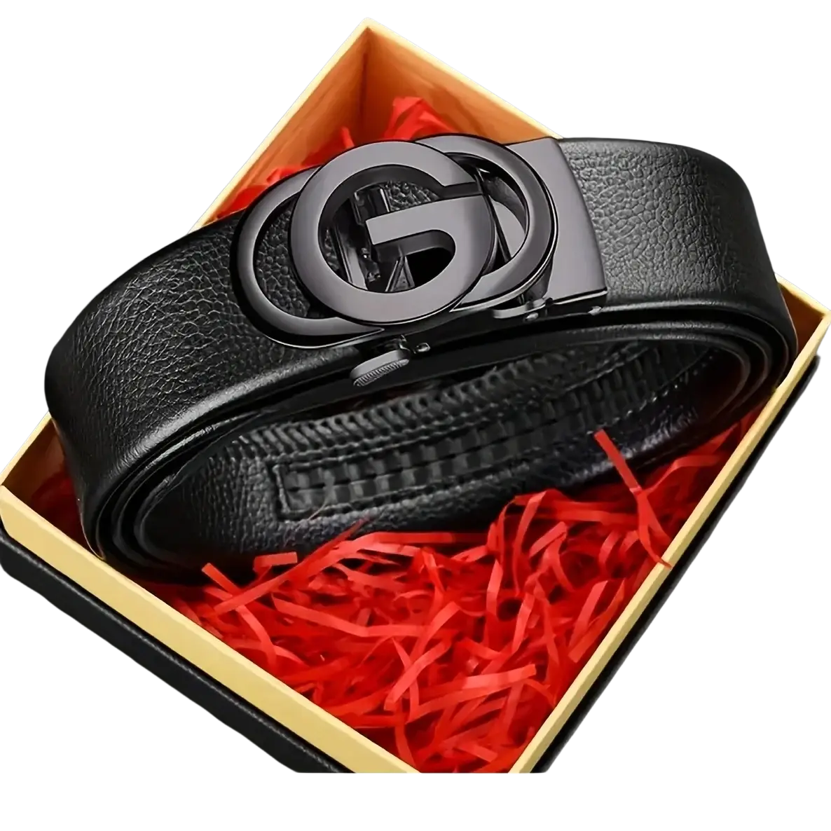 Mens automatic buckle leather belt in black with a sleek matte black metal interlocking g buckle design
