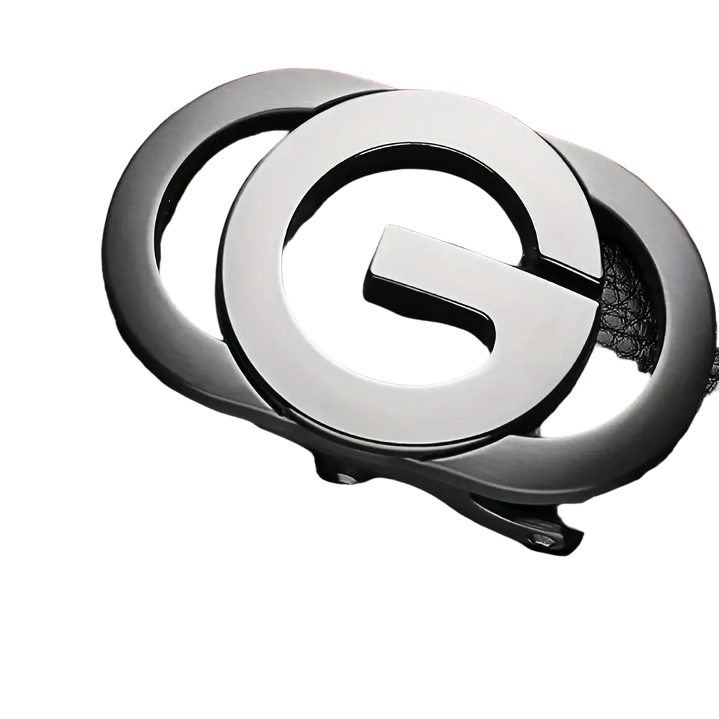 Mens automatic buckle leather belt in black with a sleek metallic silver interlocking g design buckle