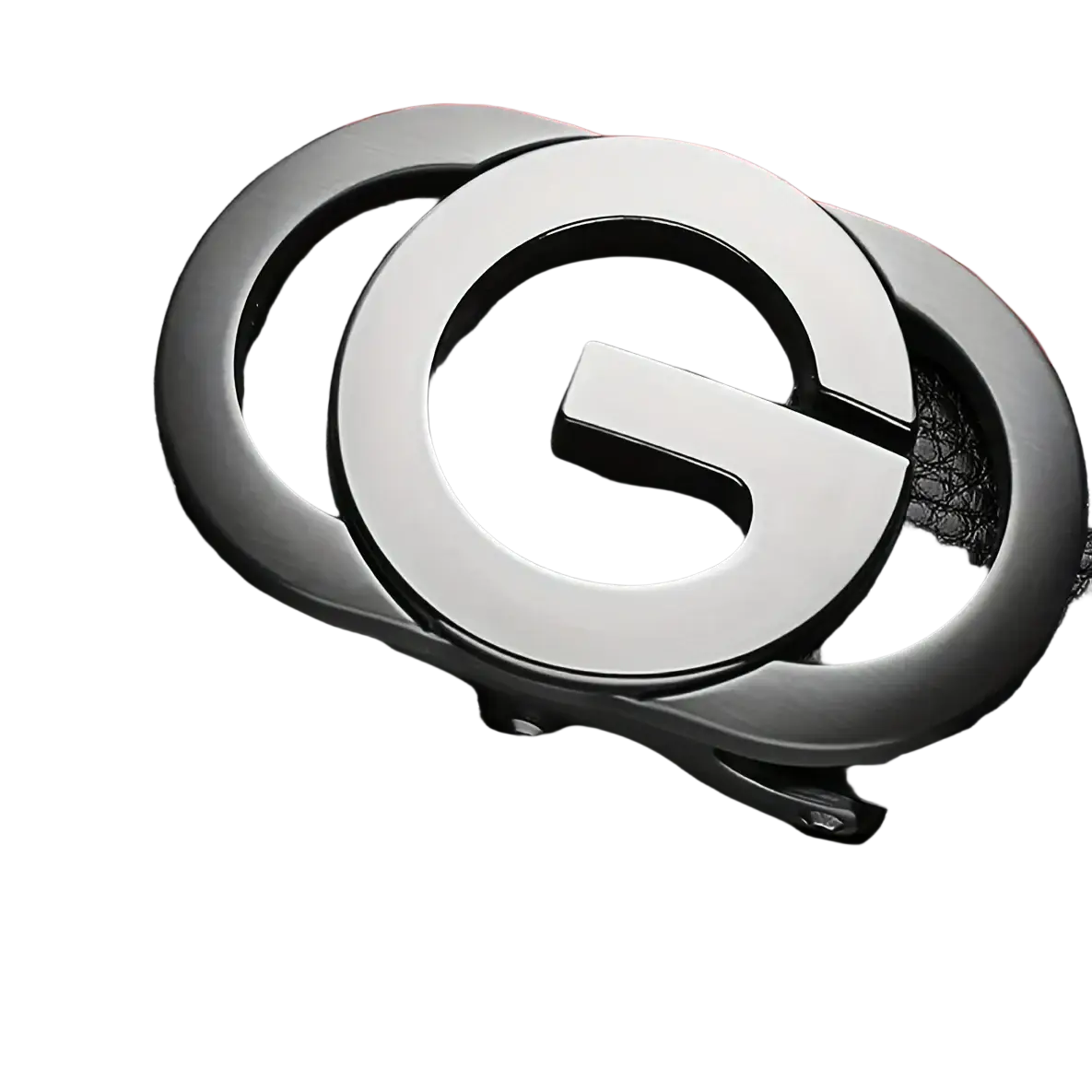 Mens automatic buckle leather belt in black with a sleek metallic silver interlocking g design buckle