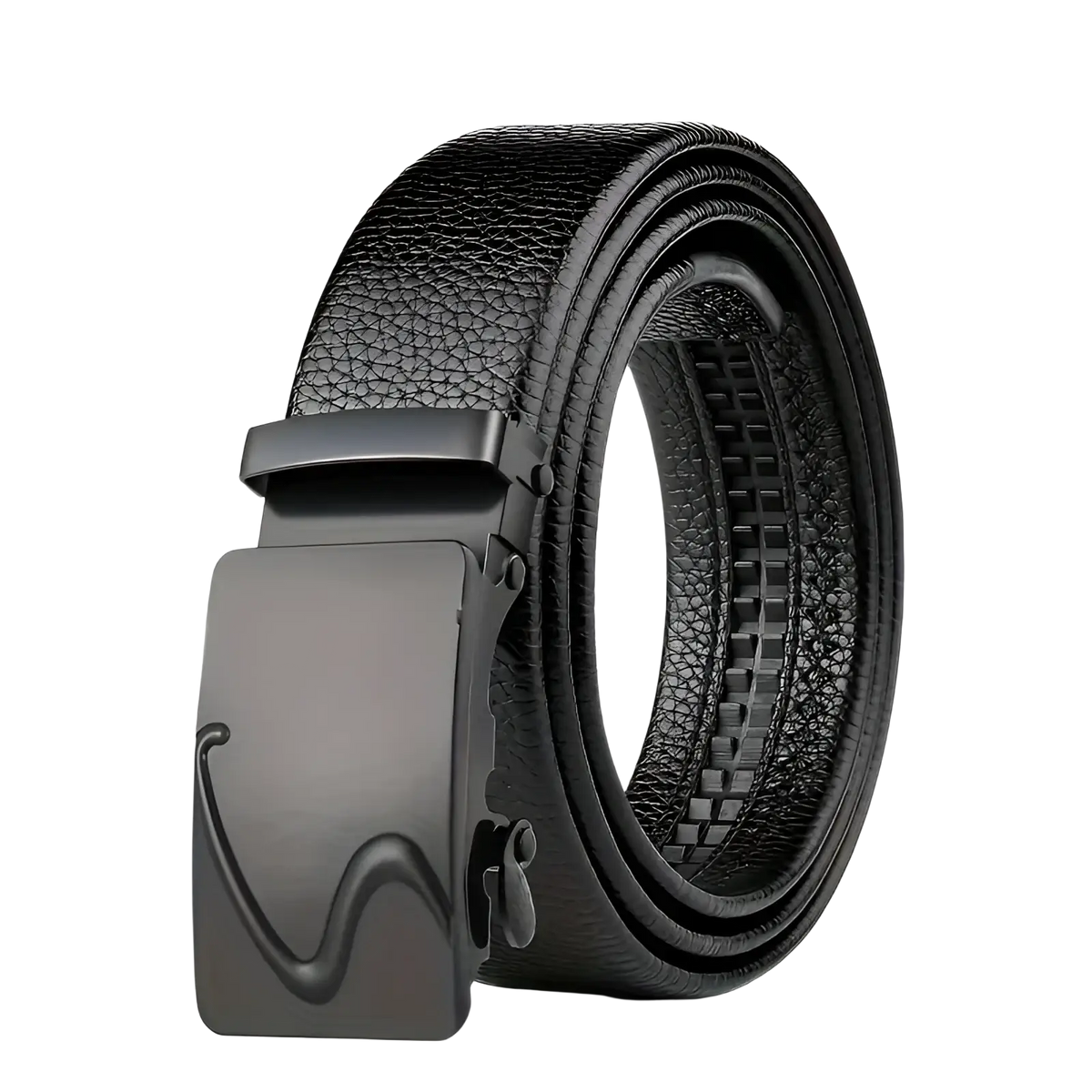 Men’s black leather belt with matte black automatic buckle embossed with wave design for formal wear