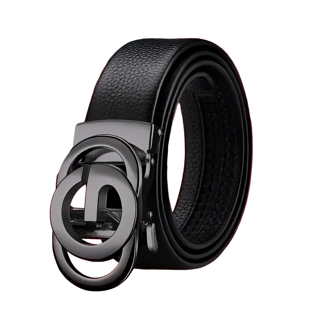 Mens automatic buckle leather belt in black with a sleek matte-finished metal buckle and interlocking circular design