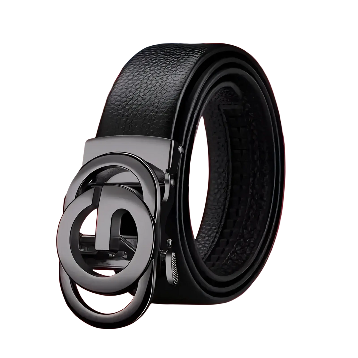 Mens automatic buckle leather belt in black with a sleek matte-finished metal buckle and interlocking circular design