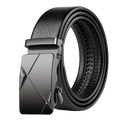 Men’s black leather automatic buckle belt with sleek matte-finished metal buckle featuring angular geometric design