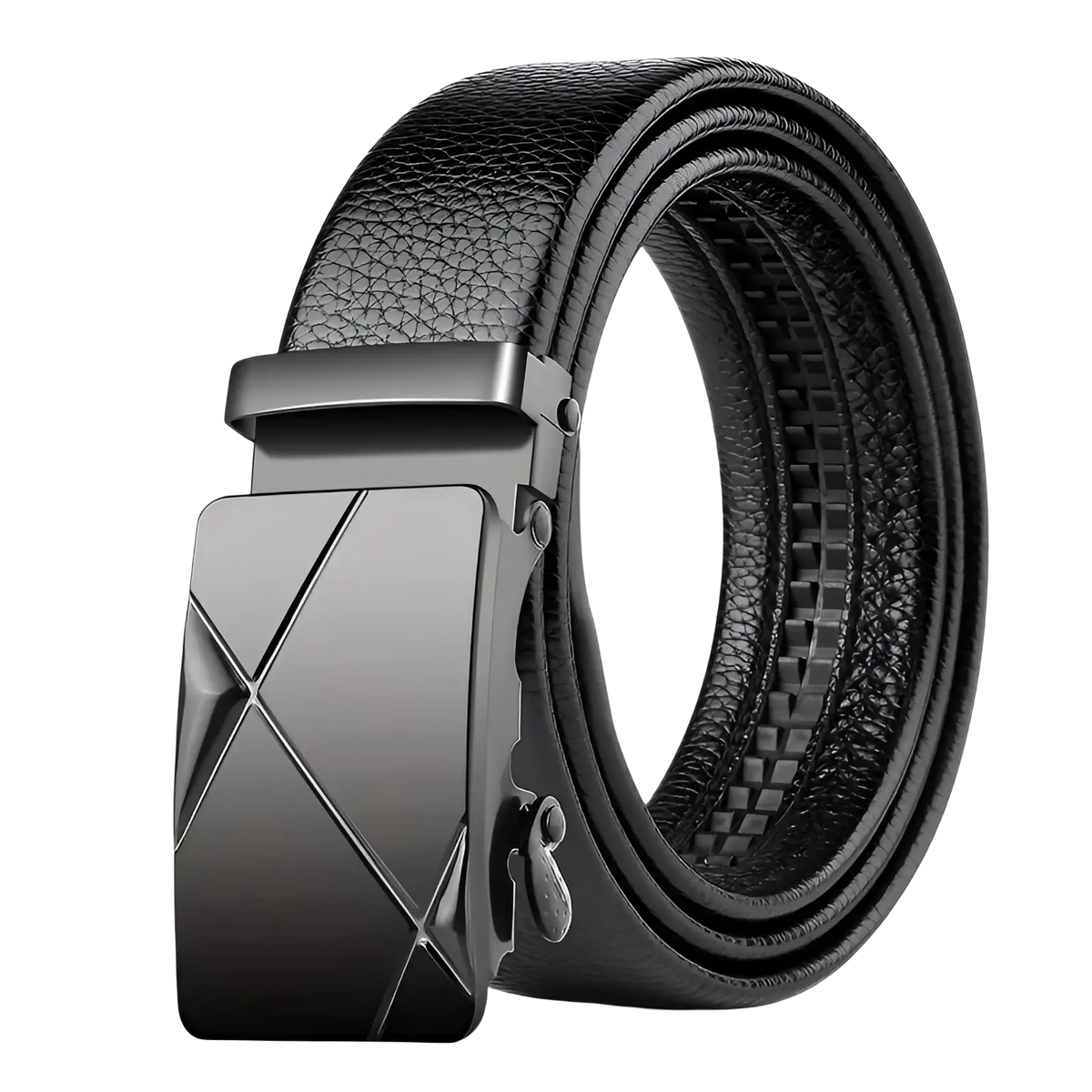 Men’s black leather automatic buckle belt with sleek matte-finished metal buckle featuring angular geometric design