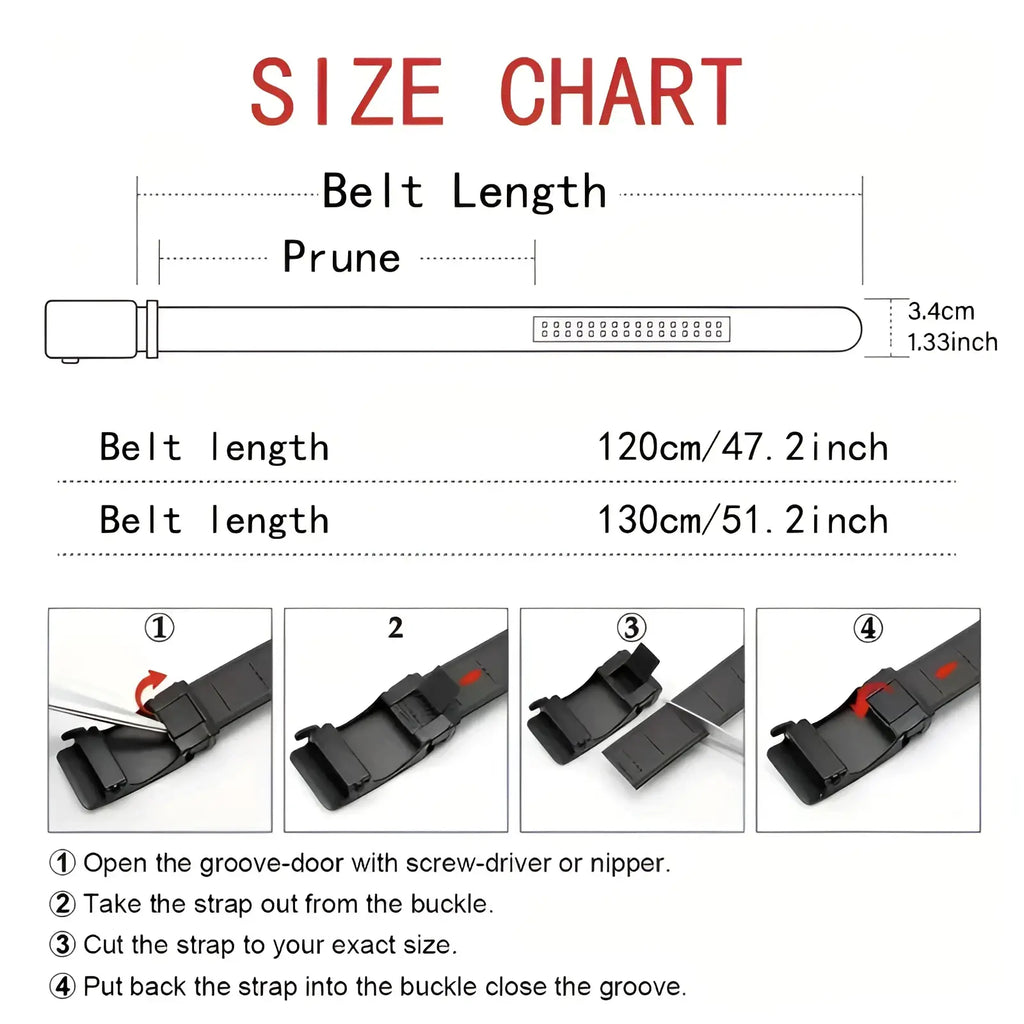 Men’s automatic buckle leather belt in black with matte finish and rectangular buckle, available in 120cm and 130cm lengths