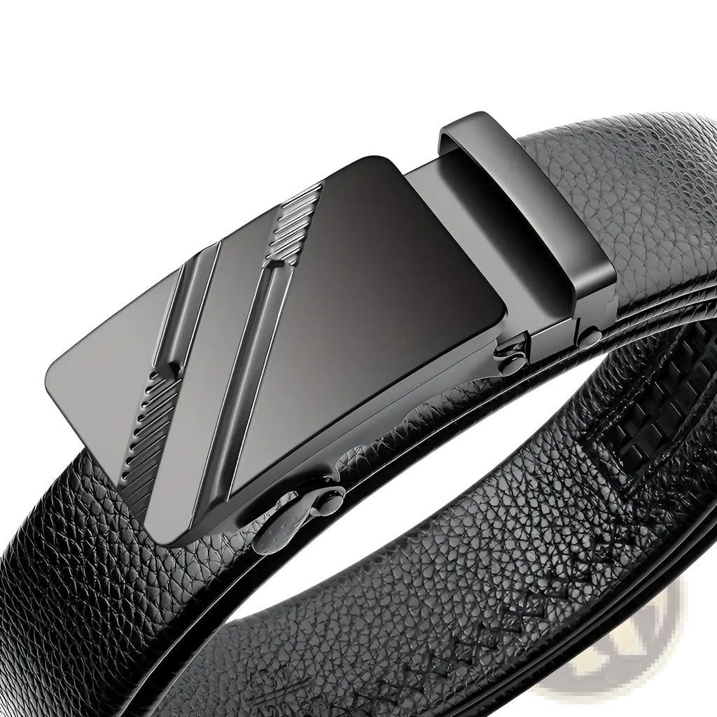 Men’s automatic buckle leather belt in black with a sleek matte-finished angular metal buckle and subtle texturing