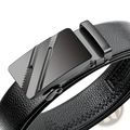 Men’s automatic buckle leather belt in black with a sleek matte-finished angular metal buckle and subtle texturing