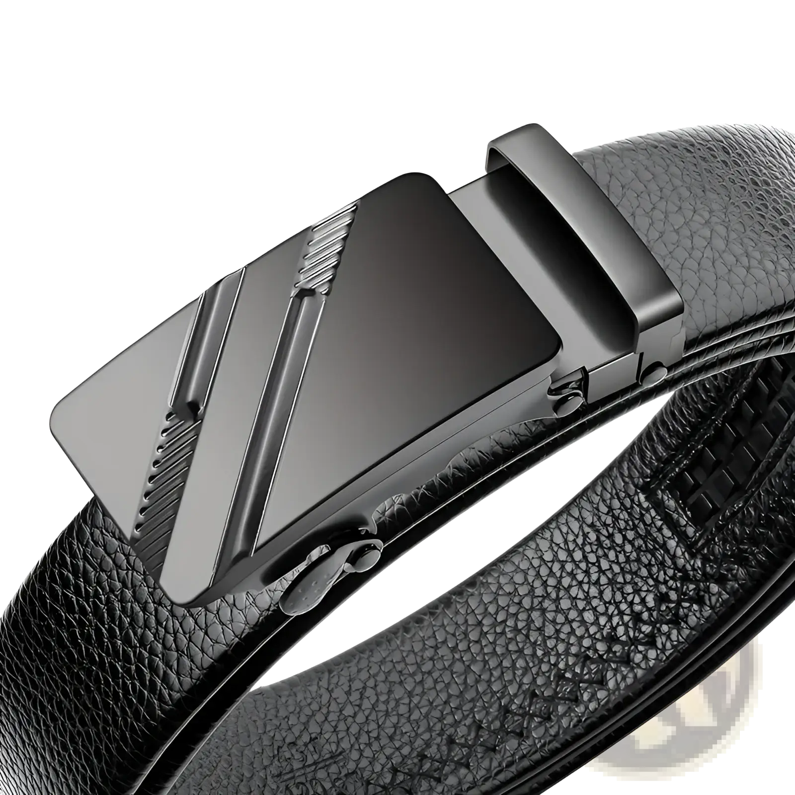 Men’s automatic buckle leather belt in black with a sleek matte-finished angular metal buckle and subtle texturing