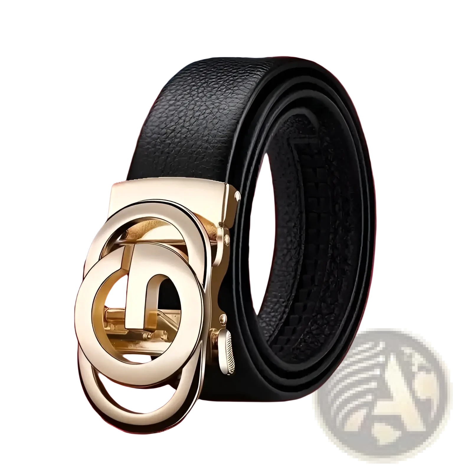Black leather mens automatic buckle belt with gold-toned interlocking circular design on the buckle