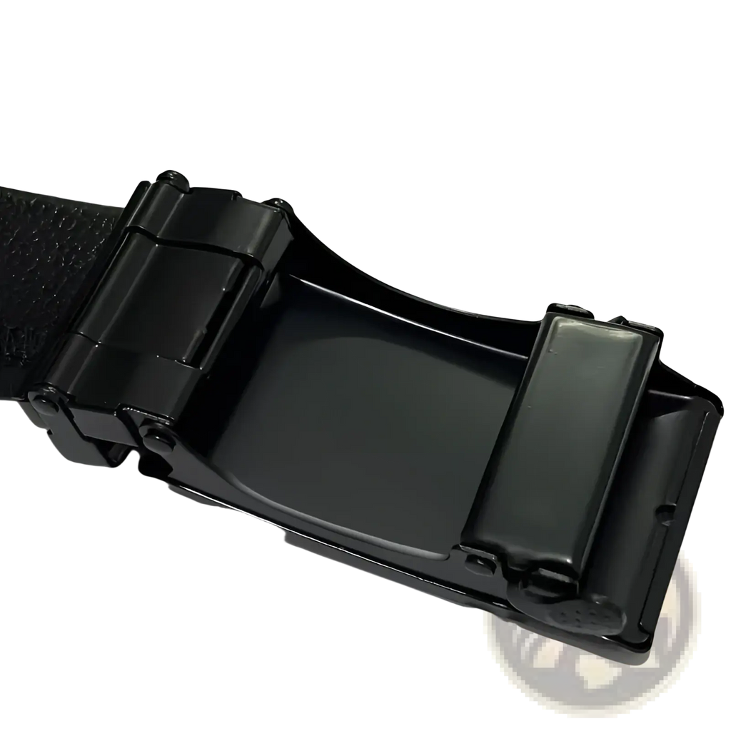Men’s automatic buckle leather belt with black matte-finish buckle and textured strap in formal design