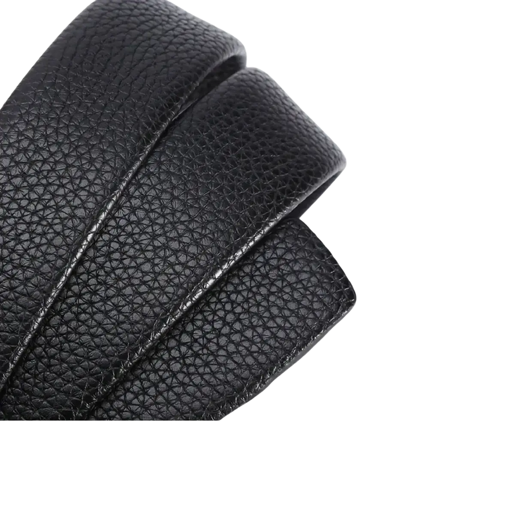 Mens automatic buckle leather belt in black microfiber leather with textured pebbled surface and stitched edges