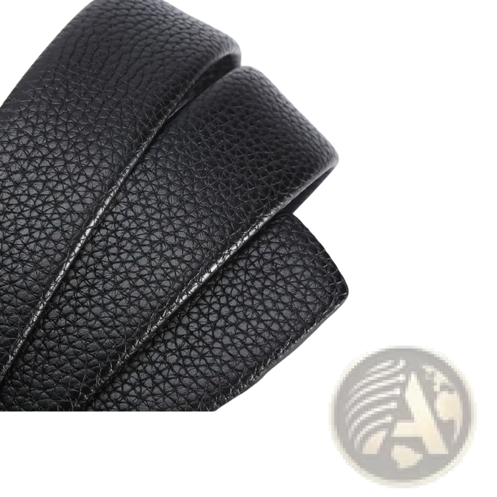 Mens automatic buckle leather belt in black microfiber leather with textured pebbled surface and stitched edges