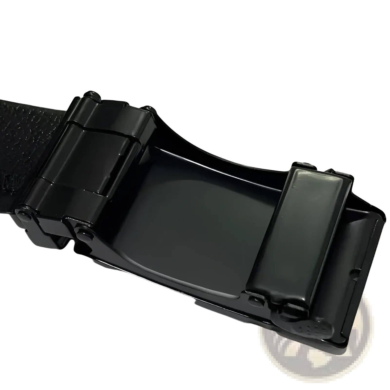 Black plastic automatic buckle on textured leather strap for men’s automatic buckle leather belt