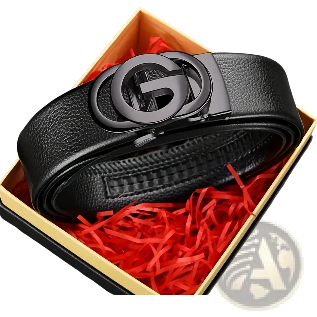 Mens automatic buckle leather belt in black with a sleek matte black metal interlocking g buckle design