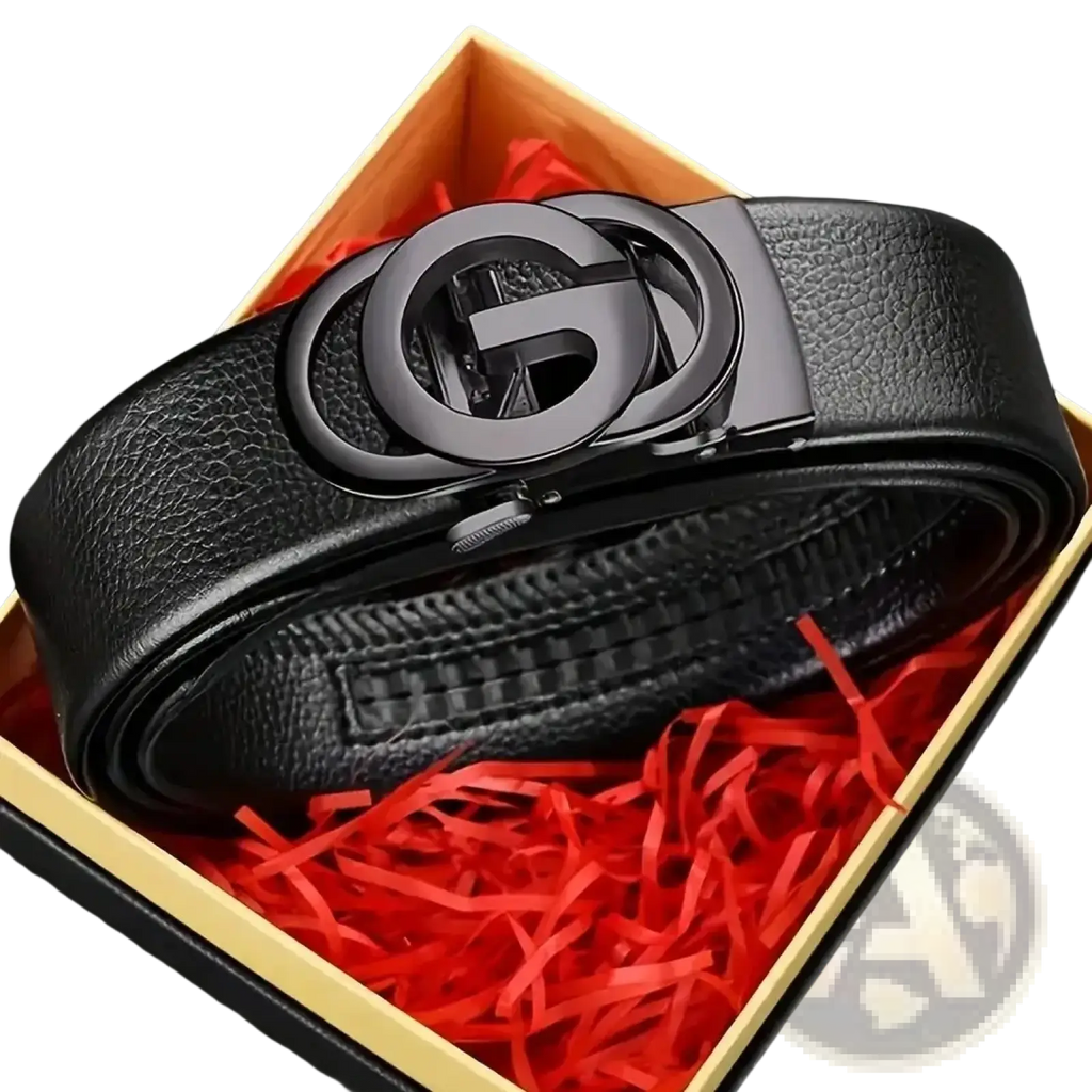 Mens automatic buckle leather belt in black with a sleek matte black metal buckle featuring interlocking g logo
