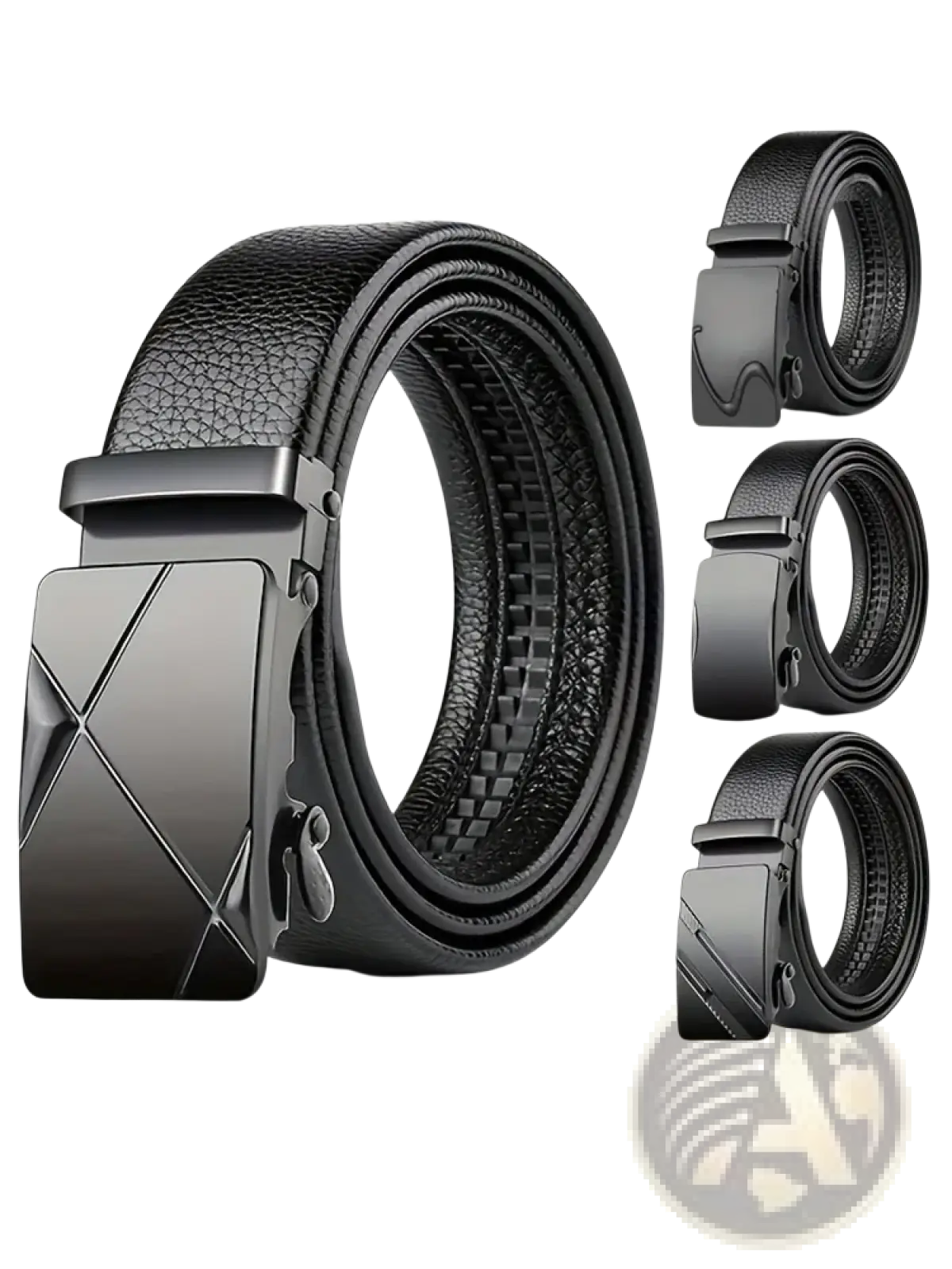 Men’s black leather belt with automatic buckle featuring sleek matte-finish metal and angular geometric design