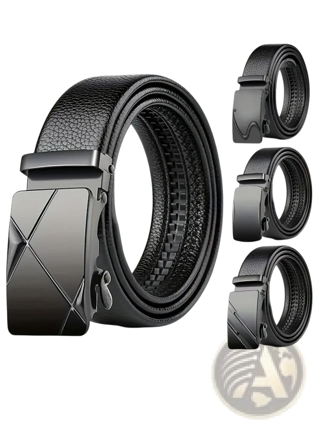 Men’s automatic buckle leather belt in black featuring a sleek matte-finish metal buckle with angular design