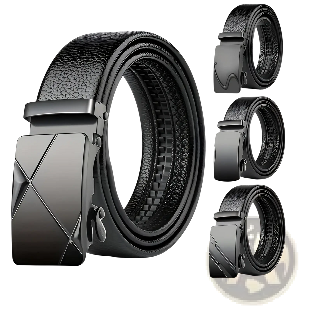 Men’s automatic buckle leather belt in black with a sleek matte-finish metal buckle and angular geometric design