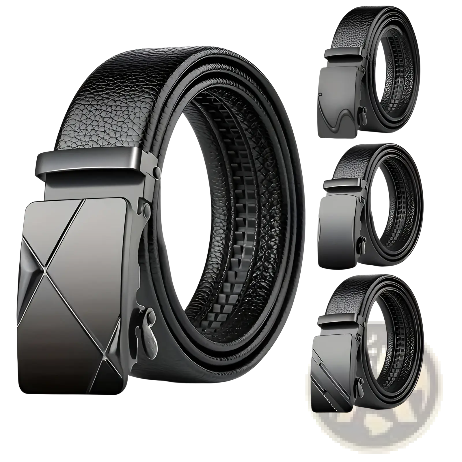 Men’s automatic buckle leather belt in black with a sleek matte-finish metal buckle and angular geometric design