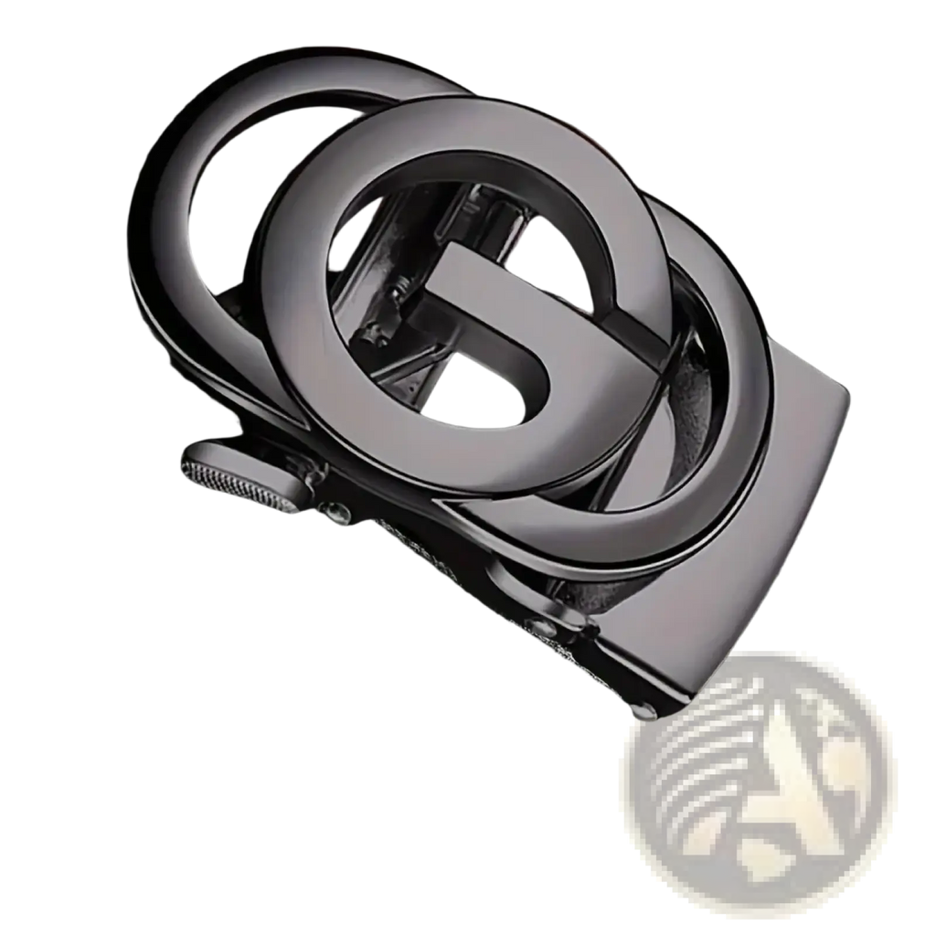Mens automatic buckle leather belt in black with a sleek matte-finished metal buckle featuring interlocking double g design