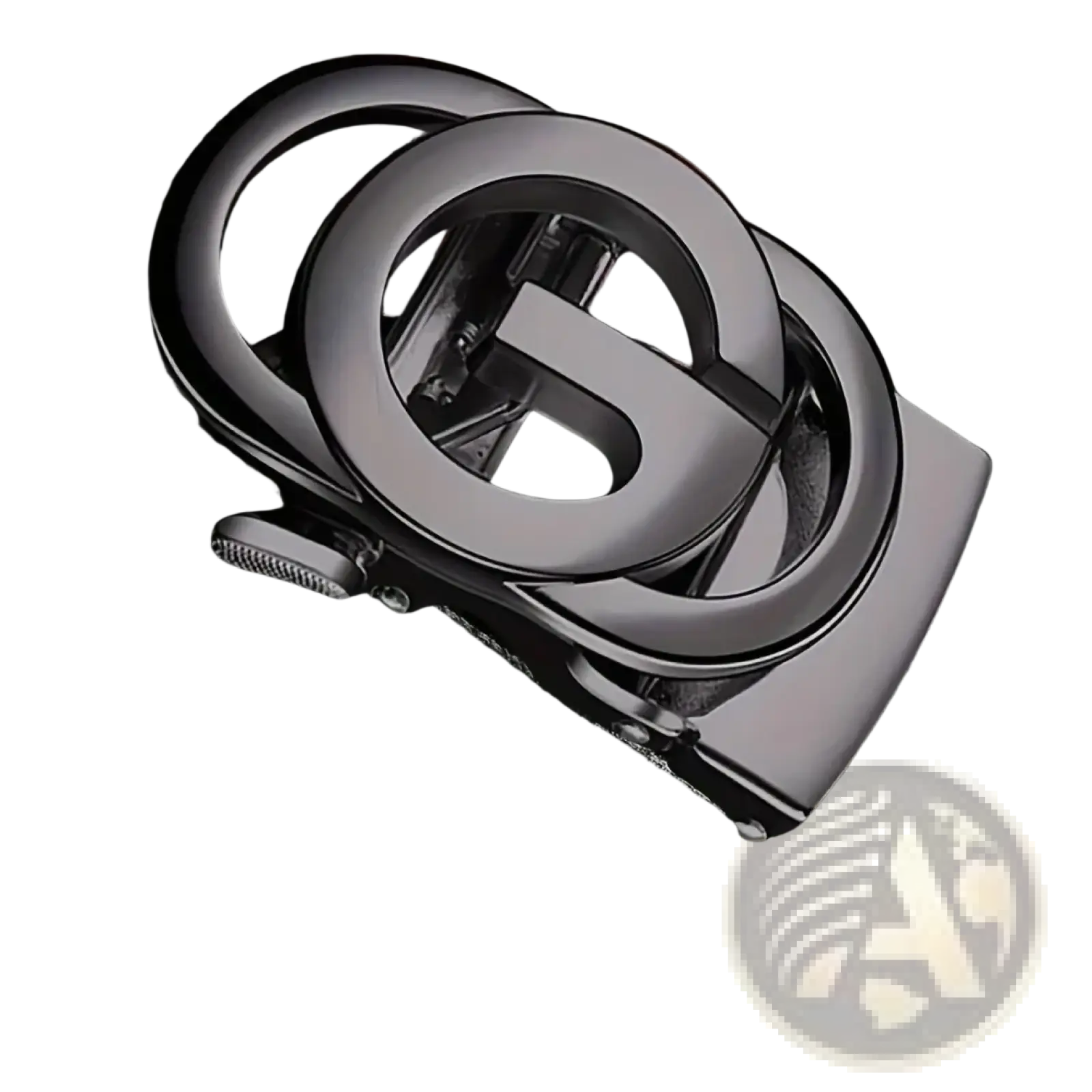 Mens automatic buckle leather belt in black with a sleek matte-finished metal buckle featuring interlocking double g design