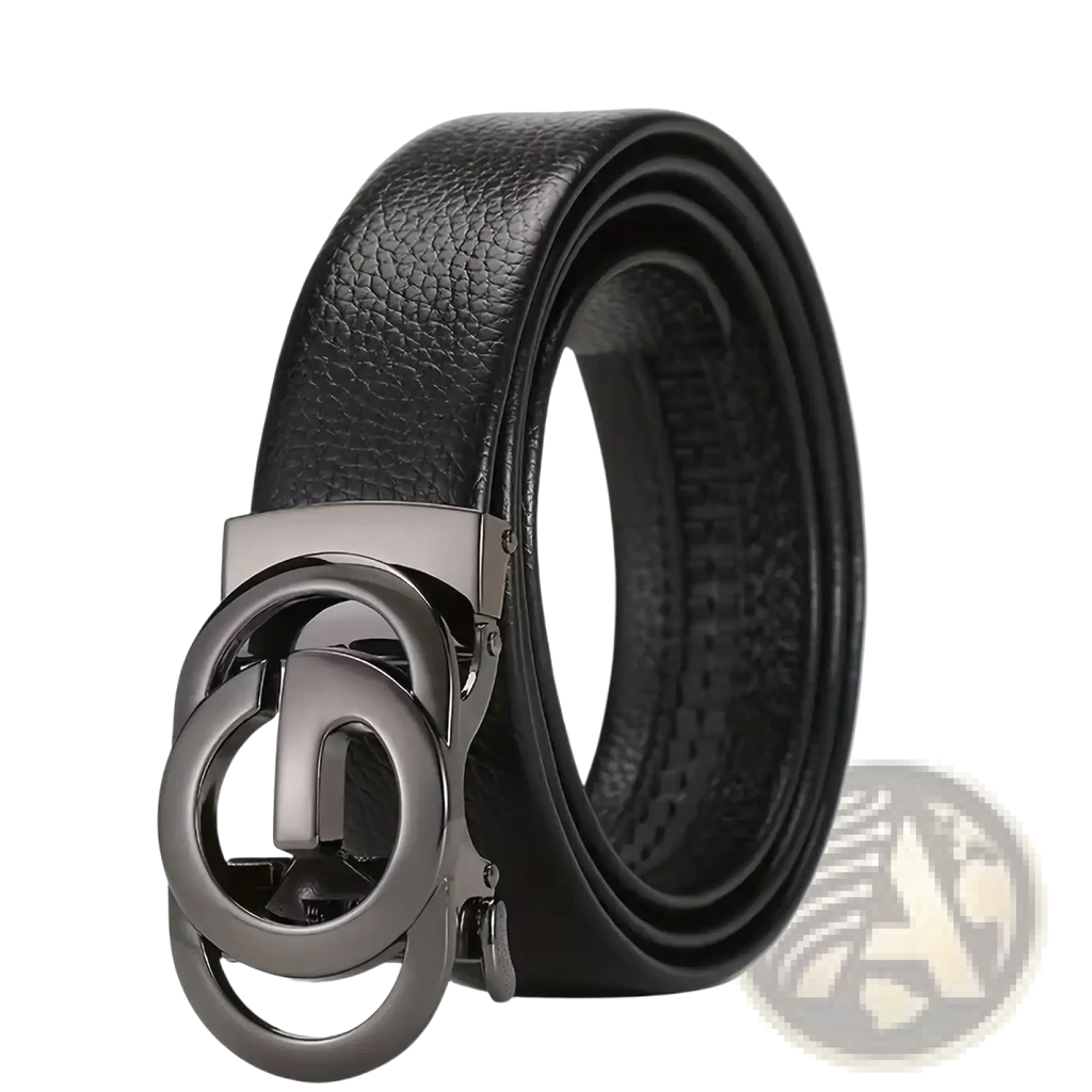 Mens automatic buckle leather belt in black leather with a sleek matte metal buckle featuring interlocking circles