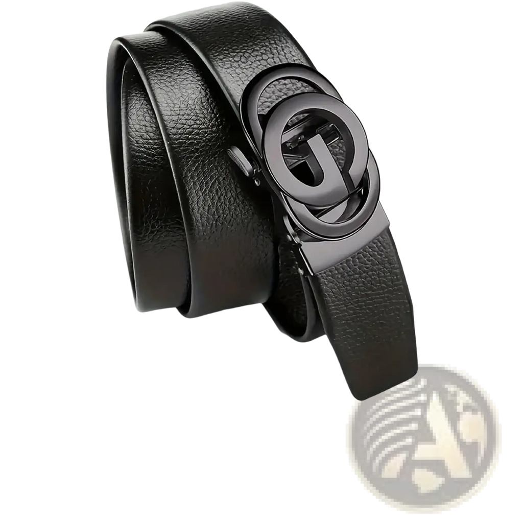 Mens automatic buckle leather belt in black with a sleek matte metal buckle featuring an interlocking g logo design