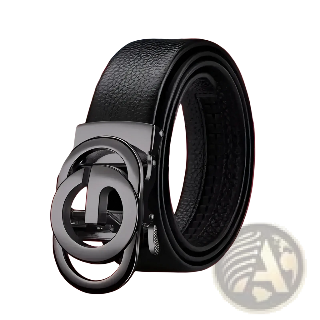 Mens automatic buckle leather belt in black with a sleek matte-finished metal buckle and interlocking circular design