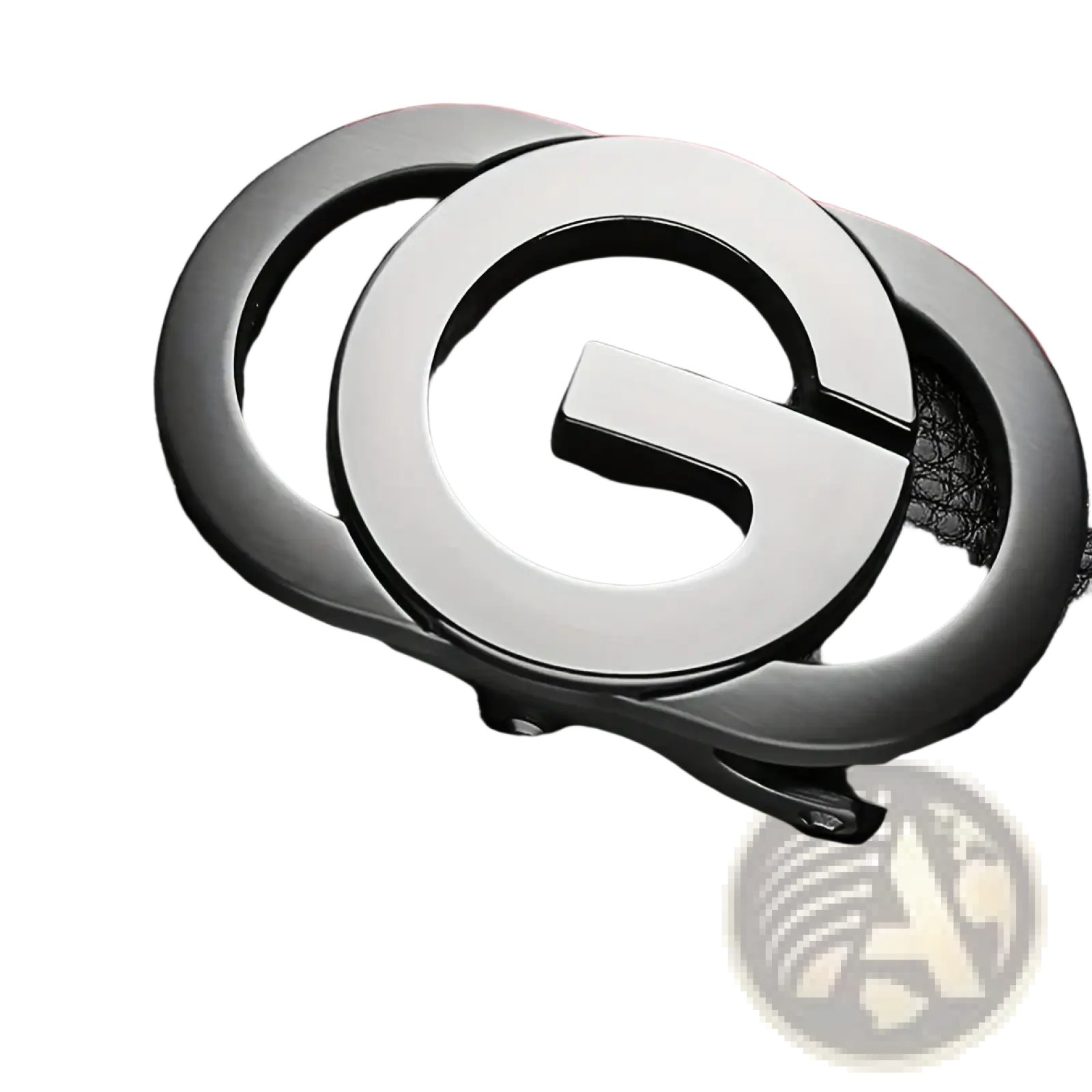 Mens automatic buckle leather belt in black with a sleek metallic silver interlocking g design buckle