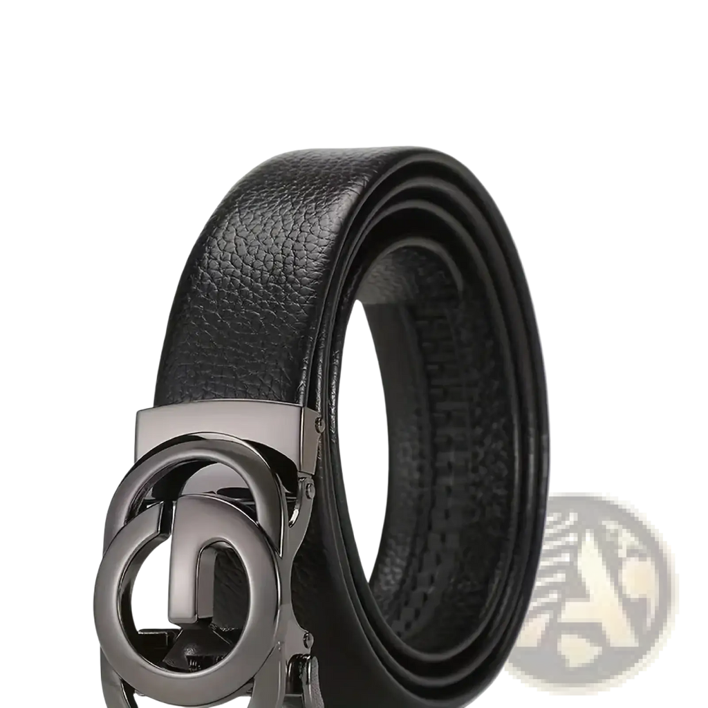 Mens automatic buckle leather belt in black with a sleek metallic silver-toned interlocking circular buckle