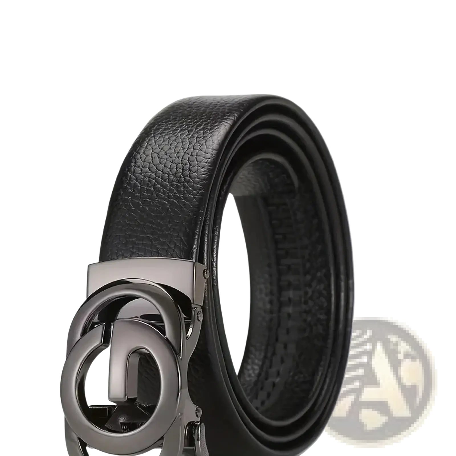 Mens automatic buckle leather belt in black with a sleek metallic silver-toned interlocking circular buckle