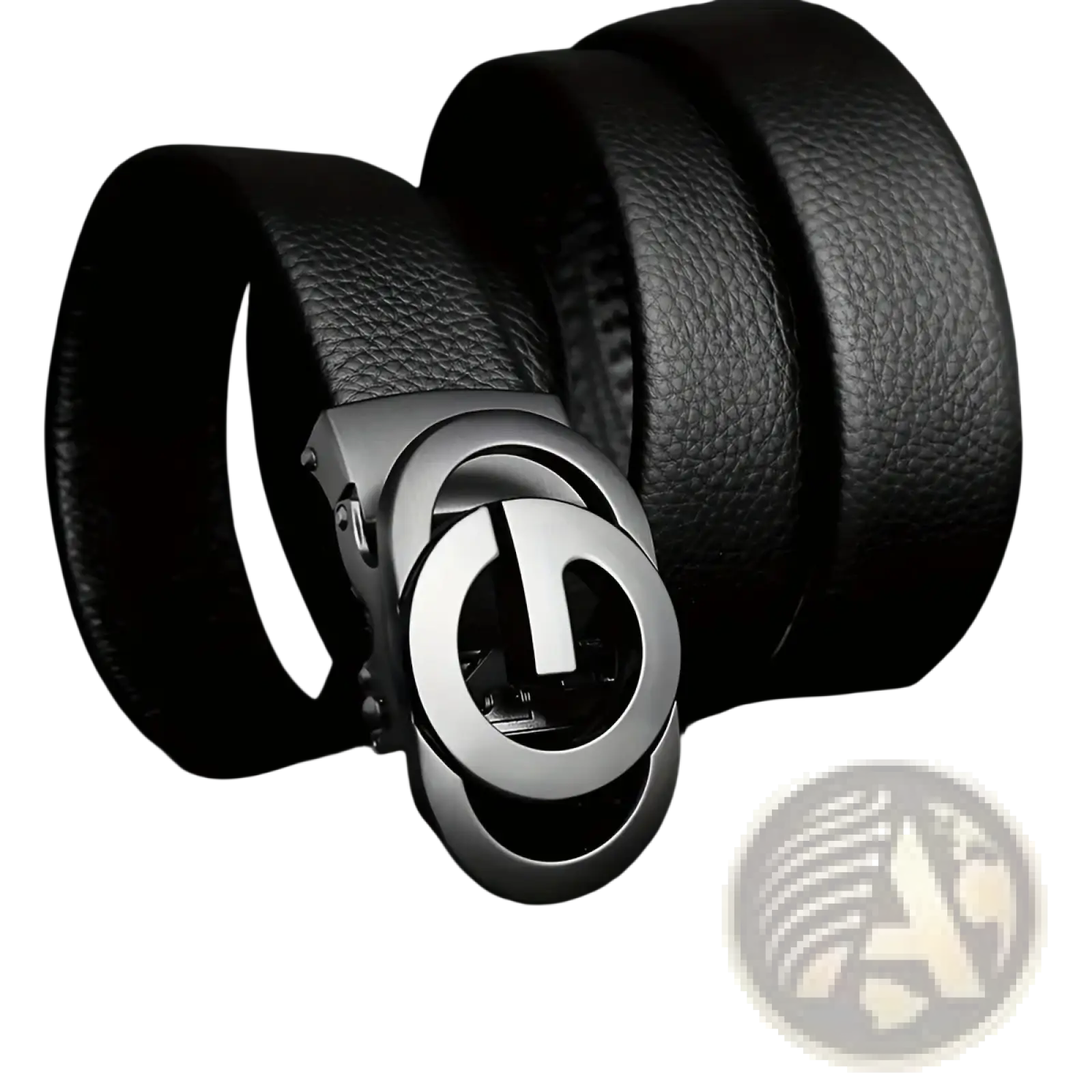 Mens automatic buckle leather belt in black with a silver-toned oval automatic buckle and minimalist logo