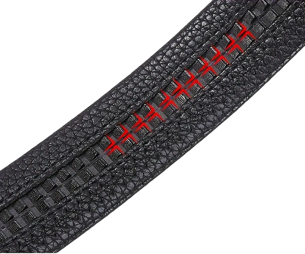 Mens automatic buckle leather belt in black textured leather with red stitching and double slide card slot design