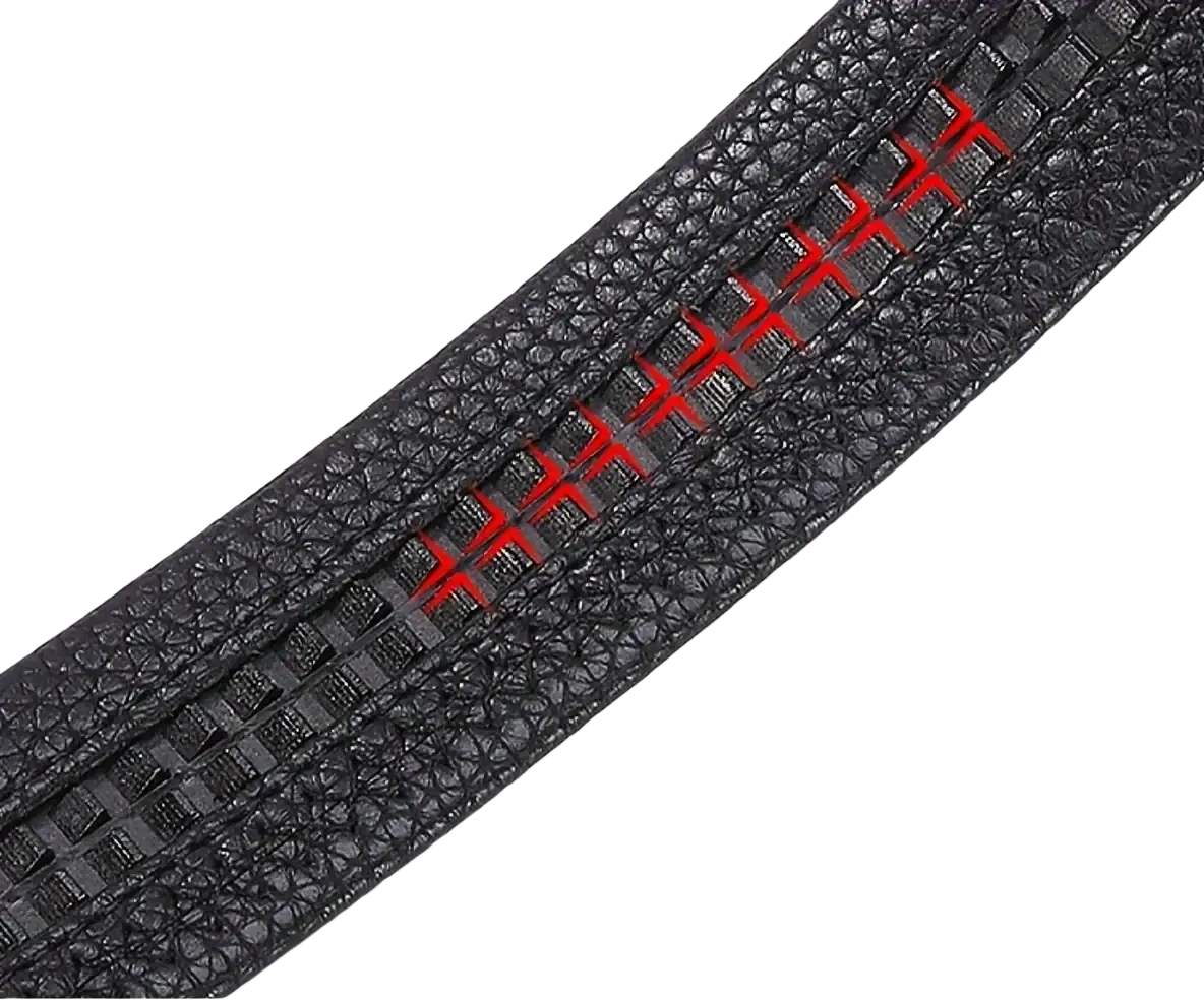 Mens automatic buckle leather belt in black textured leather with red stitching and double slide card slot design