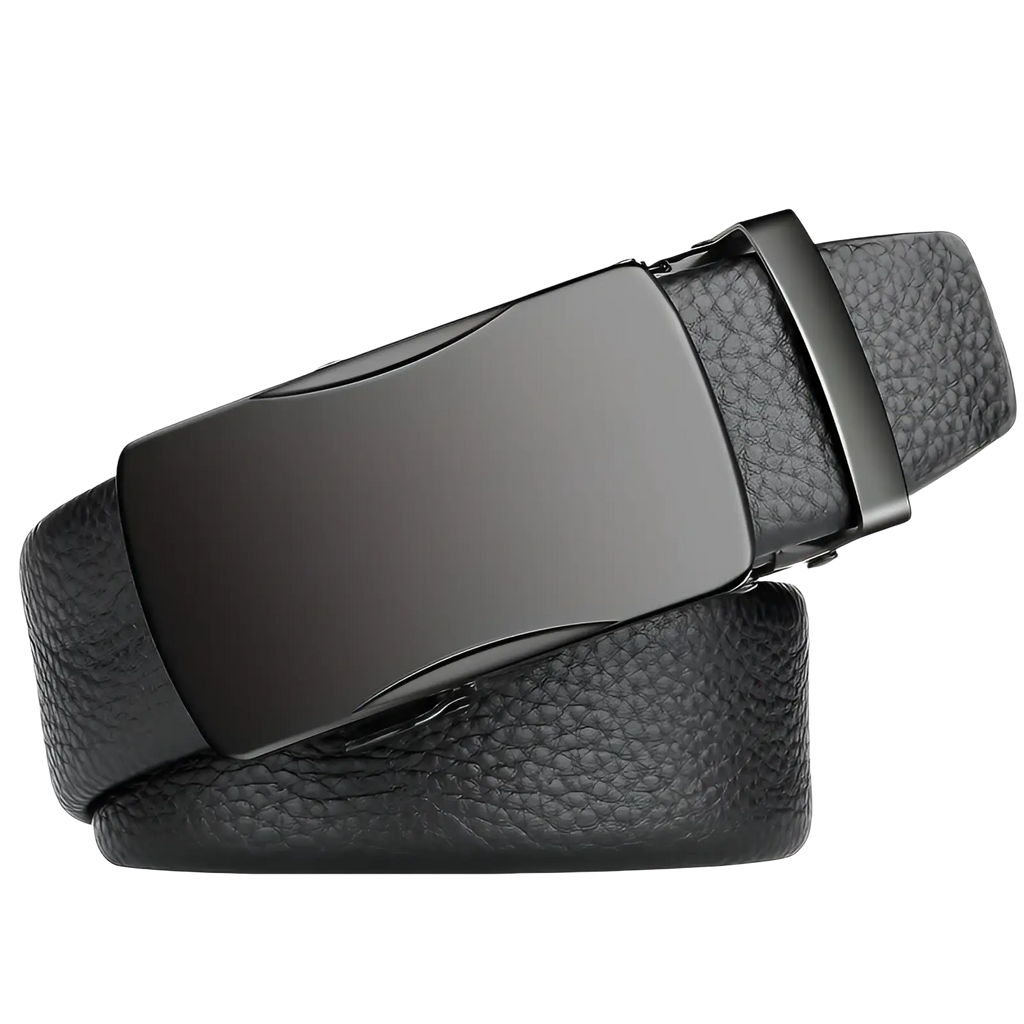 Men’s automatic buckle leather belt in black textured leather with a sleek matte black automatic buckle