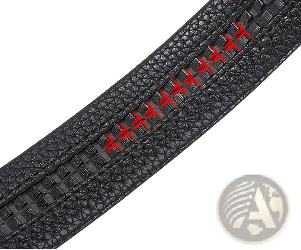 Mens automatic buckle leather belt in black textured leather with red stitching and double slide card slot design